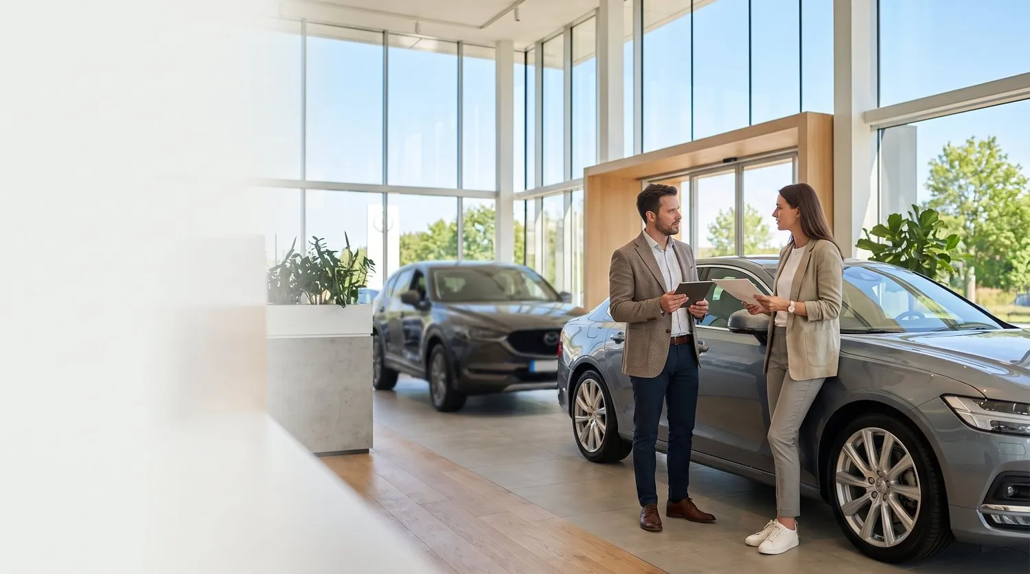 A dealer and a customer talking next to a car in a showroom