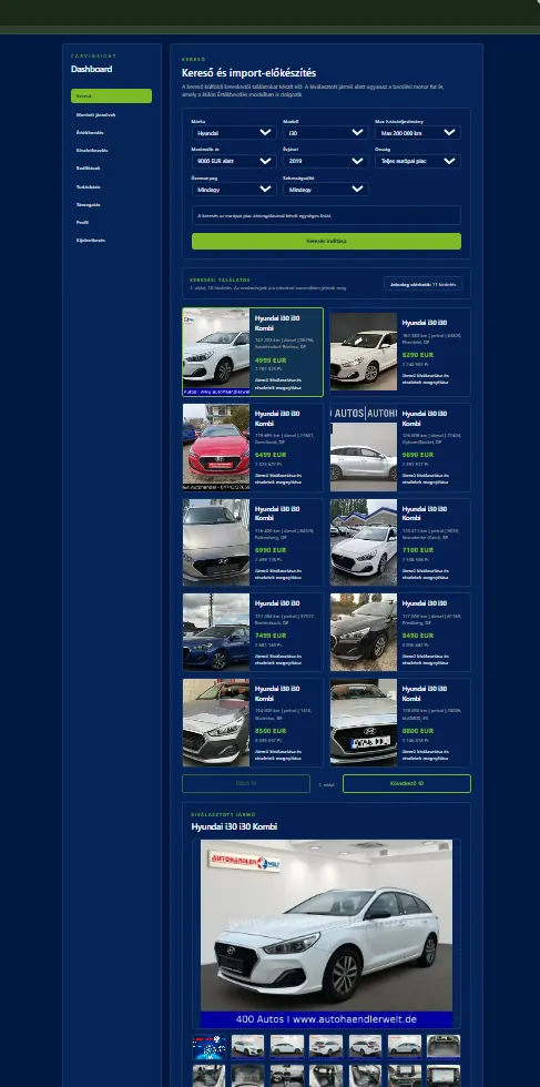 Used-car search results in the CarVinsight mobile view