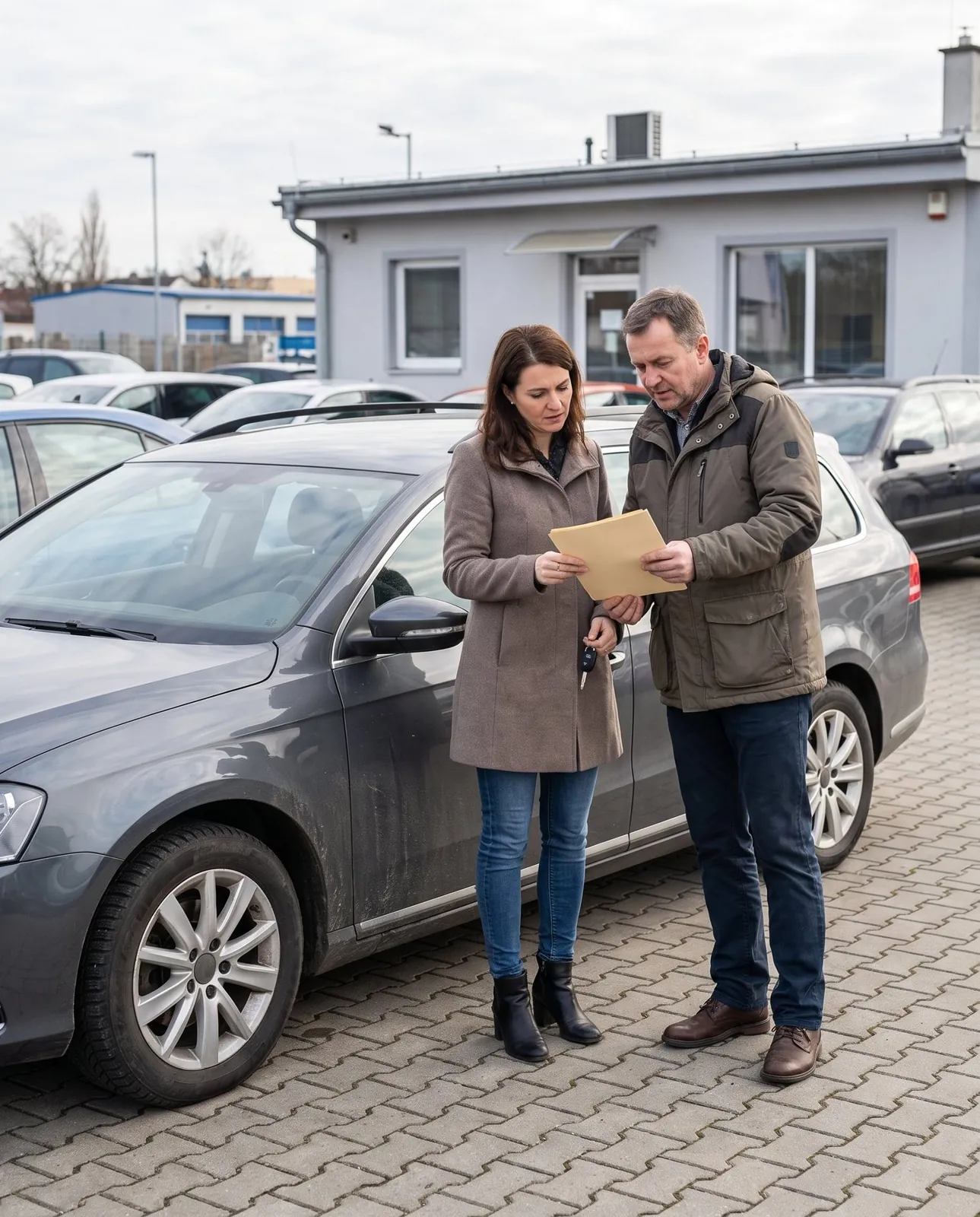 Kereskedő és ügyfél egy autó mellett, papírokat néznek