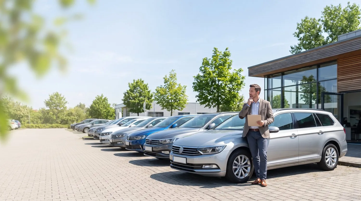 A dealer checking a car on a used-car lot